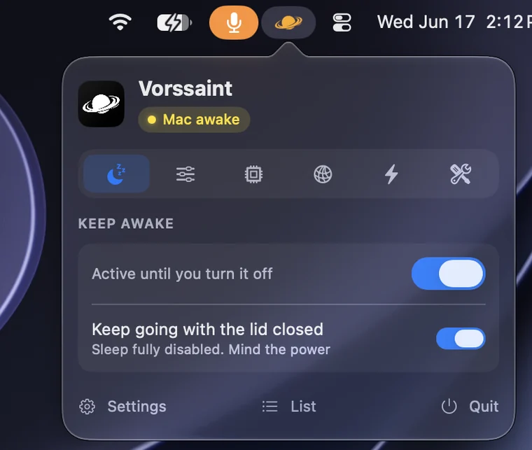 Vorssaint 保持唤醒面板实机截图：显示 Mac awake 状态，并提供 Active until you turn it off 与 Keep going with the lid closed 两个开关