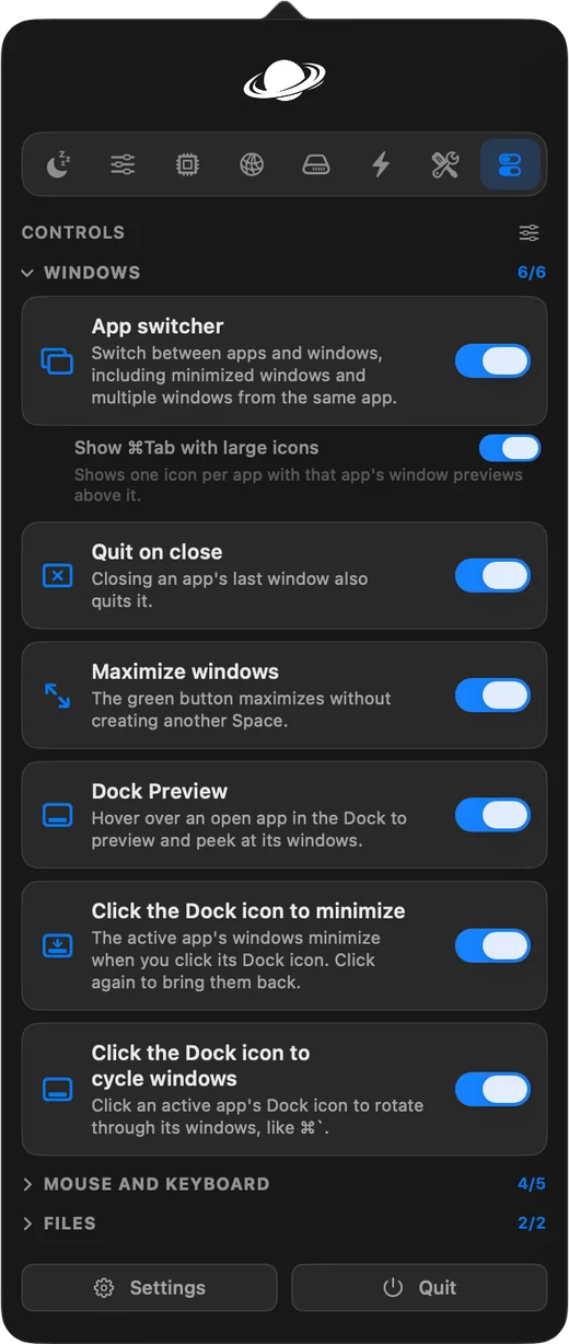 Vorssaint 窗口控制面板：应用切换器、窗口布局与 Dock 相关开关