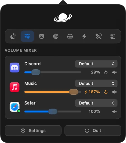 Vorssaint 音量混合器实机截图：Discord、Music 与 Safari 的音量分别调节，其中音乐被提升到 187%