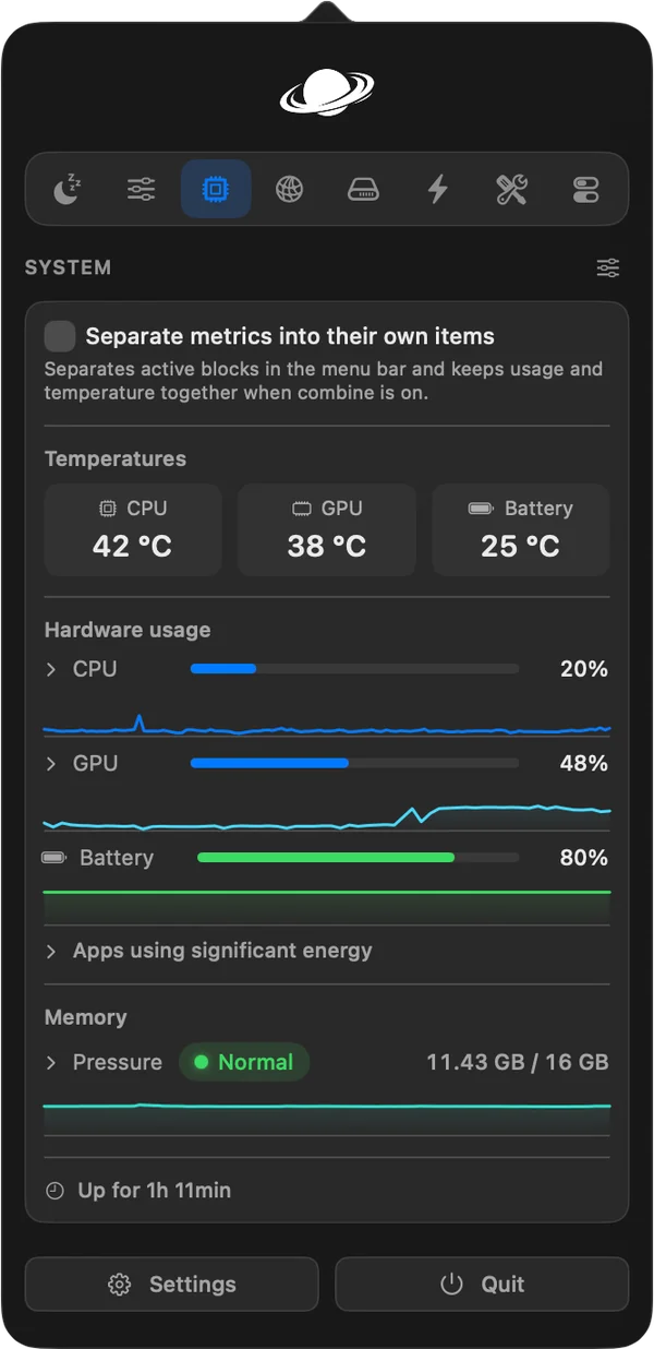Vorssaint 系统面板实机截图：CPU、GPU 与电池温度，硬件占用、能耗应用与内存压力