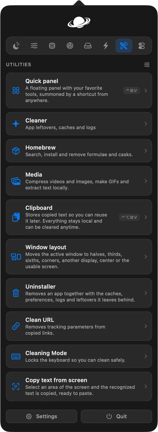 Vorssaint 工具面板：清理器、Homebrew 管理器、媒体工具与剪贴板